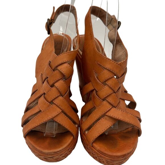 Frye Brown Leather Corrina Strappy Weave Wedge Platform Heels Size 8 - Picture 7 of 10
